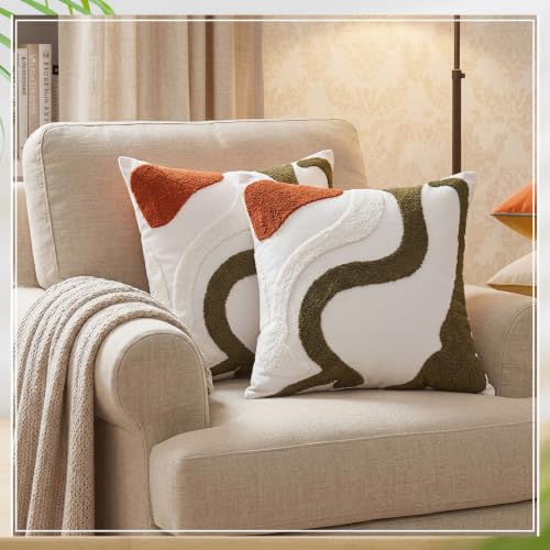 2 Pcs Olive Green Throw Pillow Covers 18x18 Inch Embroidered Green Accent Pillow Cover Decorative Abstract Mid Century Textured Cushion Case for Couch Sofa Bedroom Living Room Home Decor - style: Bohemian