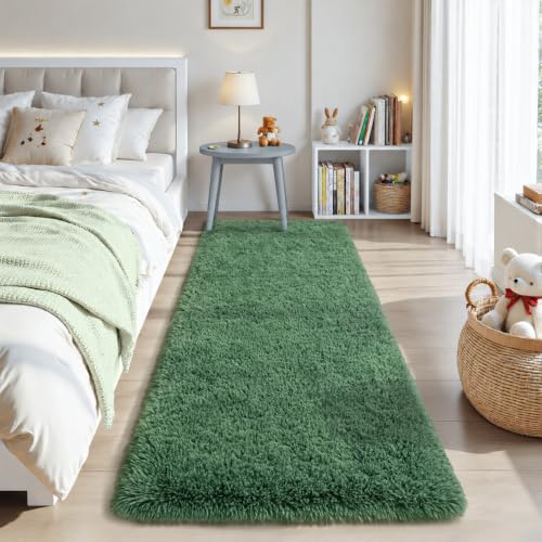 Zentavio Runner Rugs for Hallway 2x6 Shag Soft Bedroom Bedside Rugs Non Slip Fluffy Carpet for Kids Girls Boys Home Decor Aesthetic Dorm Nursery Emerald Green - color: Green, size: 2' x 6' (Runner)