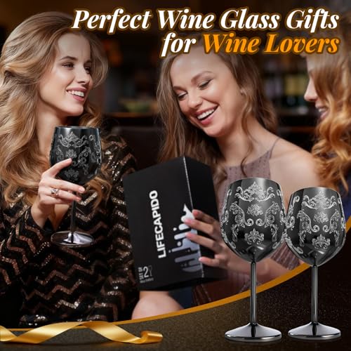 Lifecapido Stainless Steel Wine Glasses Set of 2, 18oz Etched Black Wine Goblets, Unique Wine Glasses with Intricate Baroque Engravings for Party Wedding Anniversary - color: Black