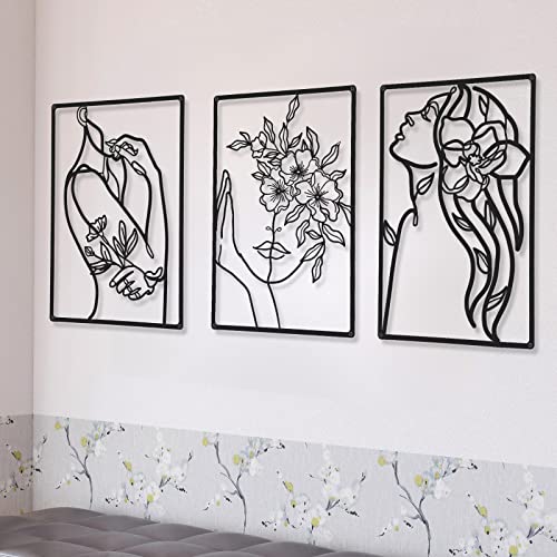 CHENGU 3 Pieces Minimalist Metal Wall Art Decor, Abstract Woman Line Art Wall Decor, Modern Metal Sculpture for Living Room Bedroom Bathroom Apartment Aesthetic Home Decoration - style: Flower