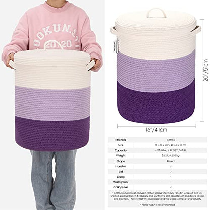 Sea Team Large Woven Cotton Rope Laundry Basket with Lid, 20 x 16 in | Collapsible Knitted Hamper with Handles, Lidded Closet Shelf Organizers for Clothing, Blankets, Toys, Bedding, Lavender - color: White & Lavender