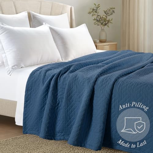 Threadmill Luxury Cotton Blankets for Queen Size Bed | All-Season 100% Cotton Queen Size Blanket | Criss Cross Cozy Lightweight, Soft Breathable Coverlet fits Full Size Bed, 90x92 | Folkstone Blue | 100% Cotton, Jacquard Pattern, 90x92 in, Breathable, All