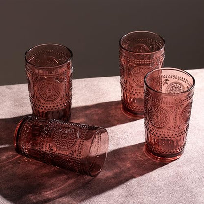 Purple Drinking Glasses Vintage Glassware Set Ribbed Water Glass Cups | Embossed Sunflower Highball, 6 Pack, 16 oz Glassware Set, Housewarming Gifts