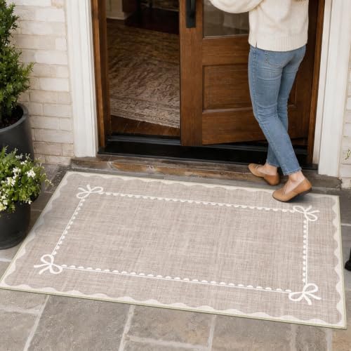 3X5 Small Pink Scallope Entryway Rug, Neutral Farmhouse Front Door Mat, Washable Non Slip Thin Low Pile Floor Mat for Indoor Outdoor Kitchen Bathroom Porch - color: Pink, size: 3' x 5' (Rectangular)