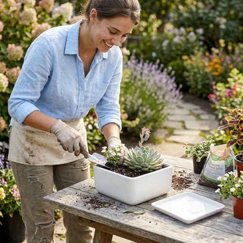 MyGift White Ceramic Square Planter Pot with Drainage Hole & Drip Tray | Suitable for Succulents, Cactus, Herbs, Bonsai, Houseplants & Floral Arrangements - color: White