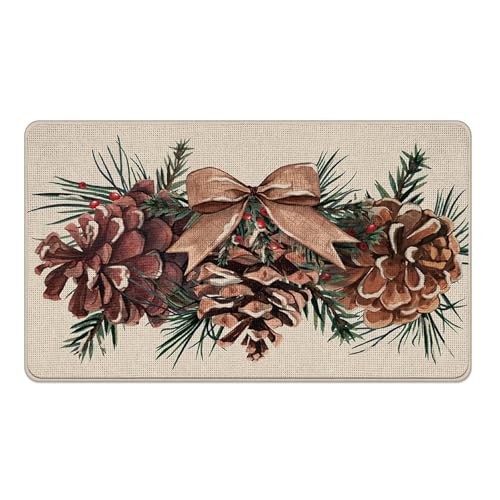 Winter Pine Cone Decorative Front Door Mat, Bow Pine Needle Red | Berry Welcome Doormat Indoor Outdoor Non-Slip Floor Entryway Rug, Christmas Seasonal Home Kitchen Decoration 32 x 48 Inches - size: 2'8" x 4' (Rectangular)