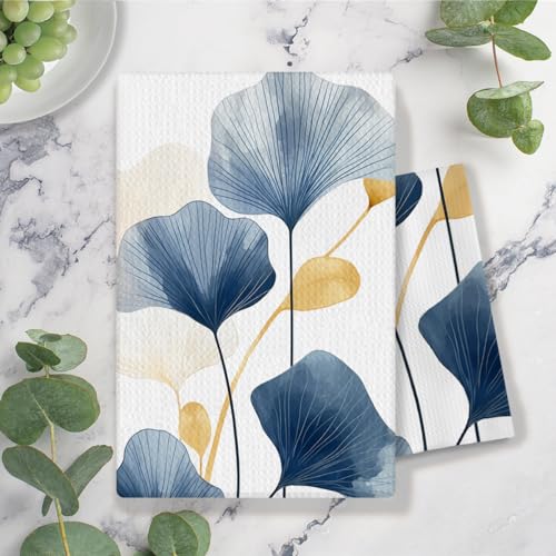 Boho Botanical Kitchen & Bath Towels - Navy & Golden Ginkgo Leaves, Mid Century Modern Decor, 16x24 Inch - color: 2- Abstract Towels