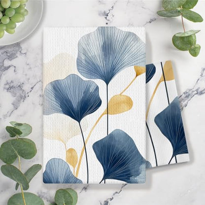 Boho Botanical Kitchen & Bath Towels - Navy & Golden Ginkgo Leaves, Mid Century Modern Decor, 16x24 Inch - color: 2- Abstract Towels
