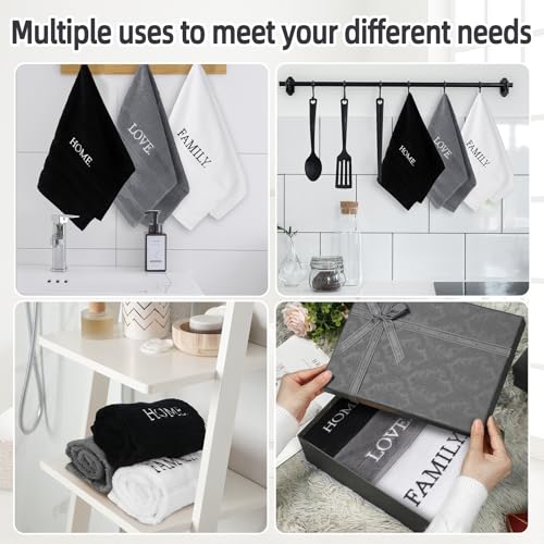 3 Pcs Bathroom Towels Decorative Set, Bathroom Decor Towels, Farmhouse Decorative Hand Towel, Embroidered 100% Cotton, Black Decoratives Towel for Bathrooms Boho Decor (Home Love Family)
