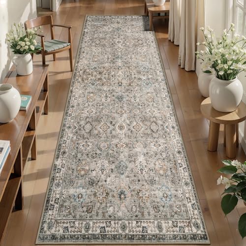 Tangsoo 2.6x10 Washable Runner Rug for Hallway Non Slip,Boho Beige Long Rug | Vintage Floral Carpet Runner for Kitchen Entryway,Distressed Grey Runner Soft Low Pile Gray Mat for Bedroom Bathroom Laundry - color: Distressed Beige Grey, size: 2'6" X 10' (Ru