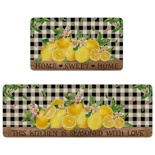 Lemon Kitchen Rugs Set of 2,Home Sweet Home Buffalo Plaid Holiday Kitchen Mats for Floor,Spring Summer Seasonal Non-Slip Washable Sink Mats Kitchen Decor Doormat+Runner Rug - color: Buffalo Plaid-lemon