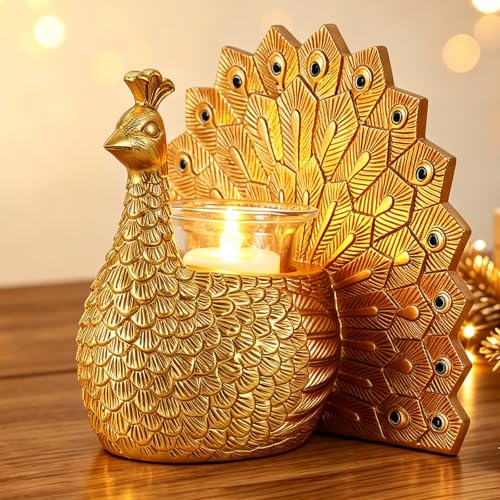 Peacock Tealight Candle Holder, Home Decor Gifts for Women Mom Grandma | with Flameless Candle, Decorative Votive Candle Holder for Table Decor, House Warming Gifts New Home, Christmas Birthday Gift