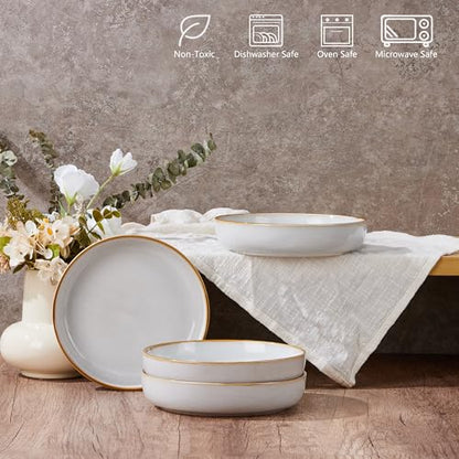 E-far Stoneware Pasta Bowls Set of 4, 35oz Double Reactive Glaze | Wide & Shallow Ceramic Pasta Plates for Serving Salad Soup Dinner, Dishwasher & Microwave Safe, Seashell White - color: Seashell White