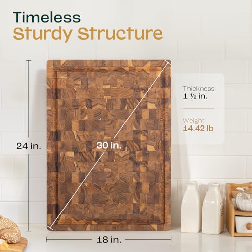 Yes4All Durable Teak Cutting Boards for Kitchen, [24''Lx18''Wx1.5” Thick] Extra Large End Grain Cutting Board, Pre Oiled Wood Cutting Boards, Thick Chopping Board w/Juice Grooves and Easy Grip Handle - size: 24"L x 18"W, style: Teak