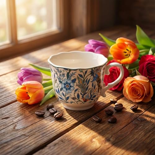 Bone China Tea Cup and Saucer Set with Spoon，Elegant Floral Tea Cup Set (7 oz)，British Coffee Latte Mug - color: flower-B01