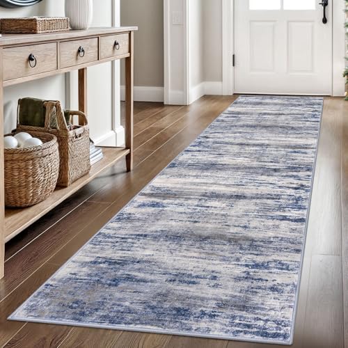 KOZYFLY Modern Abstract Hallway Runner Rug, 2.6x8 Washable Rug Runner Non-Slip Soft Striped Kitchen Runner Rugs, Print Grey Blue Carpet Runner for Entryway Bathroom Laundry Room Foyer - color: Blue-grey, size: 2'8" x 8' (Runner)