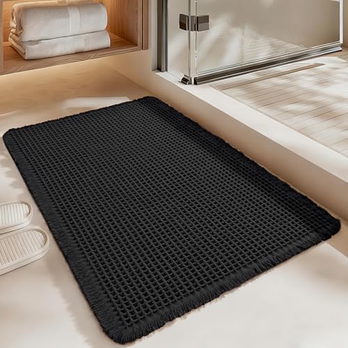 Luxury Waffle Bath Mat, Super Absorbent Non Slip Bathroom Rugs, Boho Ultra Soft Comfort Machine Washable Quick Dry Floor Mats with Tassels (Black, 17" x 24") - color: Black, size: 17" X 24"