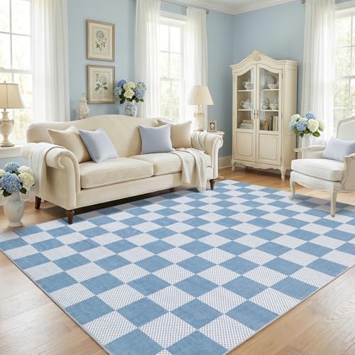 GarveeHome Checkered Blue 5x7 Washable Coastal Rug Bedroom Dinning Room | Light Blue Area Rug for Nursery Girl Room Living Room Low-Pile Non-Slip Soft Stain Resistant Geometric Rugs TPE Backing - color: Light Blue, size: 5' x 7' (Rectangular)