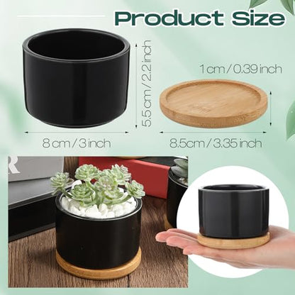 Cindeer 12 Sets Succulent Plant Pot Ceramic Succulent Pots Container Cactus Pots with Bamboo Tray Small Cylinder Flower Plant Pot with Bamboo Saucers for Plants Indoor Outdoor (Black,3 x 2.17 Inch) - color: Black