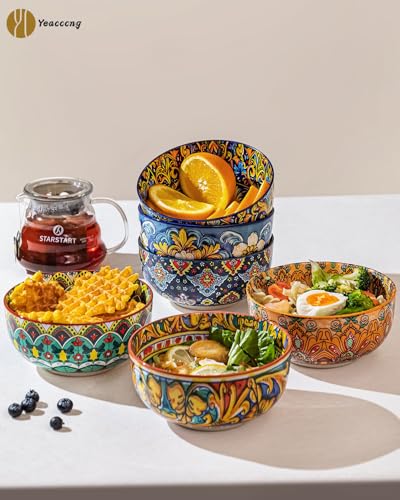 Yeacccng Bohemian Cereal Bowls Set of 6, 5.9 Inch 27 Oz Ceramic Soup Bowls, Microwave Dishwasher Safe, Lead-Free Scratch-Resistant for Oatmeal Pasta Salad, Colorful Boho Bowls