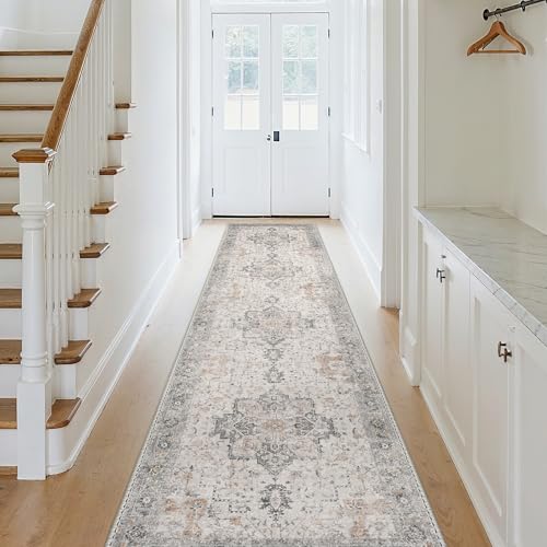 GENIMO 2'6"x9' Washable Runner Rug Non Slip for Hallway, Taupe | Vintage Floral Kitchen Runner, Stain Resistant, Low Pile and Lightweight for Entryway, Bedroom, Bathroom and Laundry Room - color: Taupe, size: 2'6" x 9' (Runner)