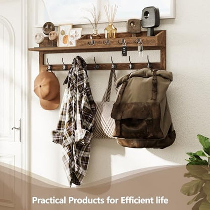 AMBIRD Coat Rack Wall Mount, 35 inch Large Wall Hooks with Shelf, Entryway Shelf with 7 Dual Coat Hooks 4 Key Hooks Mail Organizer, Wooden Coat Hanger and Key Holder Wall Mount - color: Brown, size: 35" L