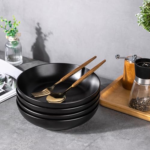 AmorArc 8.5 Inch Stoneware Pasta Bowls of 4, 32oz Large Bowls Set | Matte Black Wide Bowls for Kitchen Pasta,Salad,Oatmeal, Microwave&Dishwasher Safe - size: Set of 4