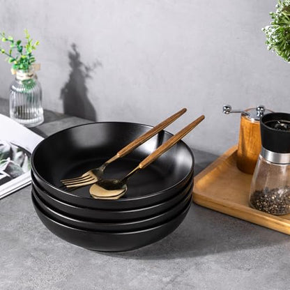 AmorArc 8.5 Inch Stoneware Pasta Bowls of 4, 32oz Large Bowls Set | Matte Black Wide Bowls for Kitchen Pasta,Salad,Oatmeal, Microwave&Dishwasher Safe - size: Set of 4