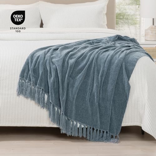 RECYCO Throw Blanket Soft Cozy Chenille Throw Blanket with Fringe Tassel for Couch Sofa Chair Bed Living Room Gift (Dusty Blue, 60'' x 80'') | Super Soft Knit Throw Blanket with Fringe Tassels, Lightweight Knitted Throw, Cozy, Ideal for Sofa Chair Bed Liv