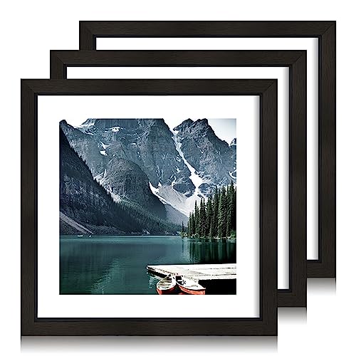 Hongkee 10x10 Black Picture Frames set of 3, Made of Wooden and Real Glass Square Photo frame - Displays 8x8 Picture With Mat or 10 x 10 Without Mat, Desktop & Wall Collage Frame set - color: Black, size: 10x10 in