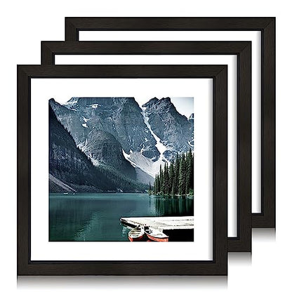 Hongkee 10x10 Black Picture Frames set of 3, Made of Wooden and Real Glass Square Photo frame - Displays 8x8 Picture With Mat or 10 x 10 Without Mat, Desktop & Wall Collage Frame set - color: Black, size: 10x10 in