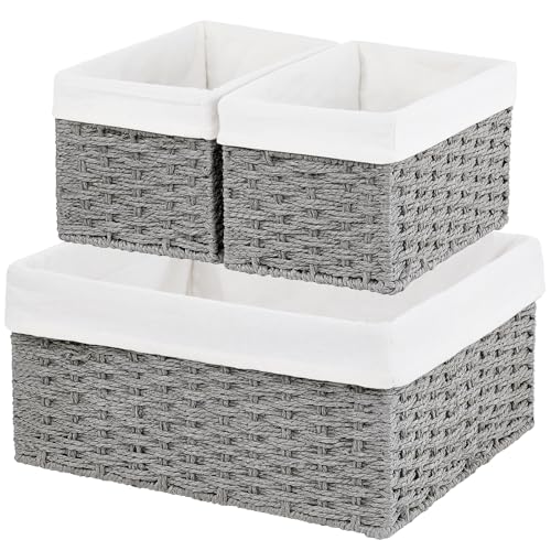 Wicker Basket, Set of 3 Hand-woven Storage Baskets for Organizing, Decorative Rectangle Wicker Storage Basket Bins with Handles, Small Toilet Paper Storage Baskets for Shelves & Decor, Grey - color: Grey