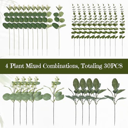 30 Pcs Eucalyptus Stems Bulk, 4 Kinds Mixed Artificial Silver Dollar Eucalyptus Greenery Branches for Wedding Centerpieces, Floral Arrangements, Vase Bouquet Home Decor