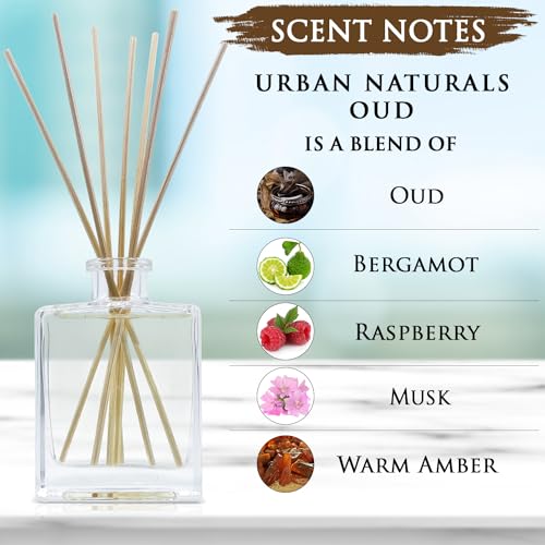 Reed Diffuser Set with Sticks, Oud - Bathroom Shelf Décor | Bergamot, Raspberry, Musk, Warm Amber, Made with Essential Oils, Sleek Rectangular Refillable Glass Bottle - color: Oud