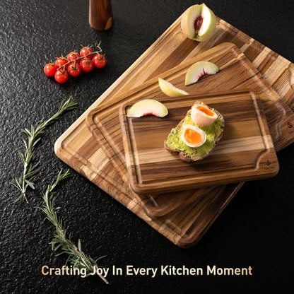 Teak Wood Cutting Board Set for Kitchen High-End Non Toxic Non Slip Over Sink Solid Thick Wood Haus Chopping Board Extra Large Big Small Best Kitchen Essential House Warming Hostess Host Gift - style: Set of 3