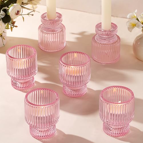 6 Pcs Pink Candlestick Holders - Glass Taper Candle Holders Tealight Votive Candle Holders for Table Centerpieces, Wedding, Dinner Party, Home, Gifts - color: Pink, size: 6Pcs