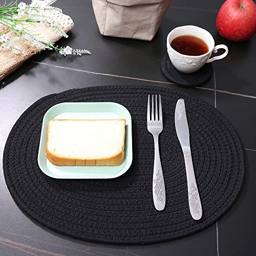 Oval Woven Placemats Set of 4, Rattan Placemats 12x16 Inch Cotton Wicker Placemats Farmhouse Boho Circle Braided Heat Resistant Outdoor Placemats Patio Table Place Mats (Black) - color: Black, size: Oval Set of 4