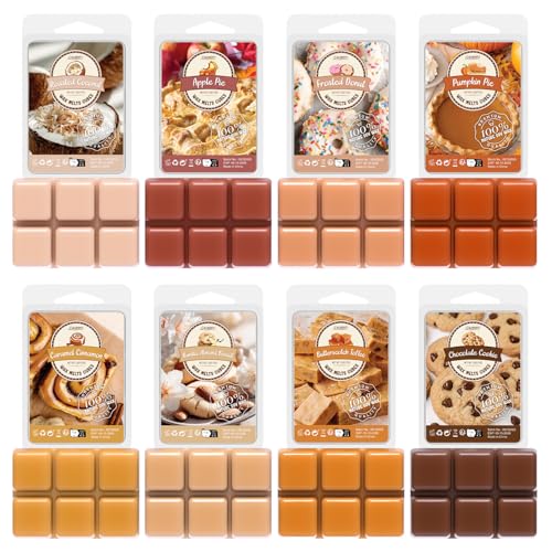 Bakery Scented Wax Melts, Sweet, Strong Scented Soy Wax Cubes/Tarts Variety Set - Apple Pie, Pumpkin Pie, Caramel Cinnamon, Chocolate Cookie, Donut, Vanilla Almond Biscuit, Roasted Coconut, Toffee - color: Brown