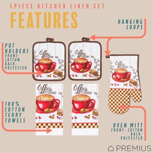 5 Piece Coffee Time Printed Kitchen Linen Set, 2 Cotton Towels, 2 Potholders, 1 Oven Mitt with Hanging Loop, 100% Cotton Material on Front & Polyester Backing, Perfect Kitchen Accessory - color: Coffee Time