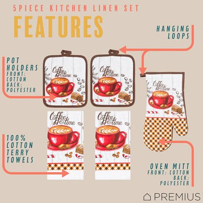 5 Piece Coffee Time Printed Kitchen Linen Set, 2 Cotton Towels, 2 Potholders, 1 Oven Mitt with Hanging Loop, 100% Cotton Material on Front & Polyester Backing, Perfect Kitchen Accessory - color: Coffee Time