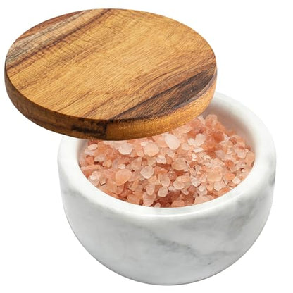 jalz jalz White Marble Salt Cellar with Wood Lid, Large 10oz & Spoon - color: Natural Cover White Base