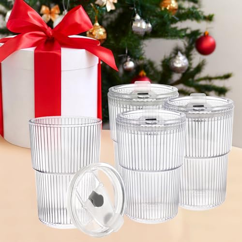 16 OZ Iced Coffee Cups with Lids and Straws Set of 4, Unbreakable Plastic Drinking Glasses Reusable Iced Coffee Glass to Go Cup for Iced Tea,Juice, Water,BPA Free, Dishwasher Safe - style: 4 Pack