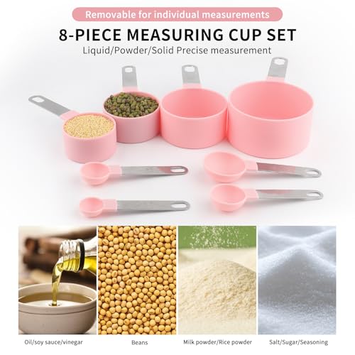 8 PCS Tainless Steel Measuring Cups and Spoons Set, Nesting Measuring Cup and Spoon Set for Precise Cooking Measurements in the Kitchen, Pink - color: Pink