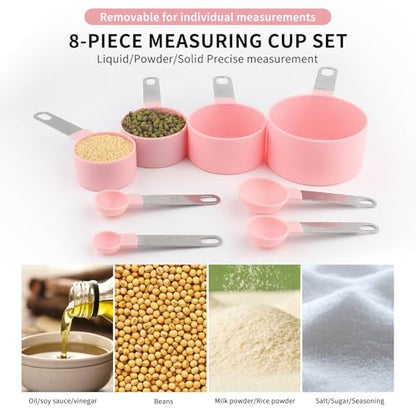 8 PCS Tainless Steel Measuring Cups and Spoons Set, Nesting Measuring Cup and Spoon Set for Precise Cooking Measurements in the Kitchen, Pink - color: Pink
