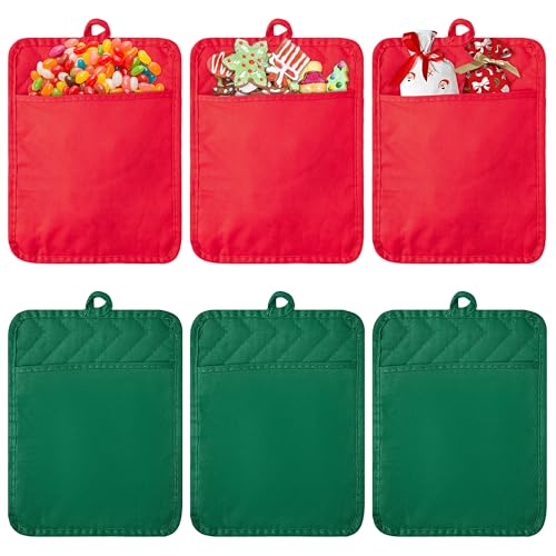R HORSE 6 Pack Christmas Red Green Pot Holders with Pockets, 7''x 9'' | Cotton Kitchen Hot Pads, Heat Resistant Oven Mitts, Non-Slip Potholder Terry Cloth, Ideal for Baking, Cooking, Christmas Gift - color: Red, Green