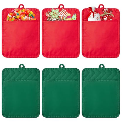 R HORSE 6 Pack Christmas Red Green Pot Holders with Pockets, 7''x 9'' | Cotton Kitchen Hot Pads, Heat Resistant Oven Mitts, Non-Slip Potholder Terry Cloth, Ideal for Baking, Cooking, Christmas Gift - color: Red, Green