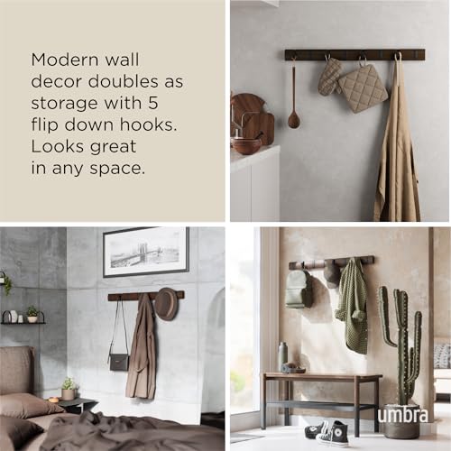 Umbra Flip Coat Rack, Wall Mount 8-Hook, Space Saving, Walnut/Black | Real wood and steel build, retractable hooks fold flat, holds coats bags and scarves, easy install - color: Walnut/Black, size: 8-Hook
