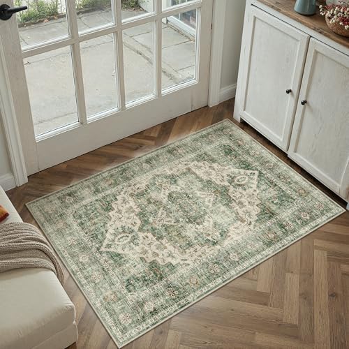 2x3 Green Retro Floral Washable Area Rug for Entryway | Low Pile, Non Slip, Vintage Distressed, Soft Indoor Rug for Entryway, Kitchen, Bathroom, Door Mat, Home Decor - color: B| Green, size: 2' x 3' (Rectangular)