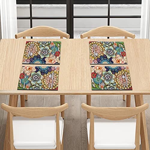 Placemats Set of 6, Dining Table Woven Vinyl PVC Placemat Wipeable Easy to Clean Oil-Proof Non-Slip Tablemats, Blooming Flowers - color: Flower, size: Set of 6