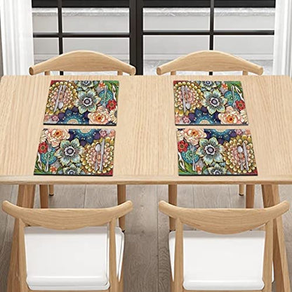 Placemats Set of 4, Dining Table Woven Vinyl PVC Placemat Wipeable Easy to Clean Oil-Proof Non-Slip Tablemats, Blooming Flowers - color: Flower, size: Set of 4